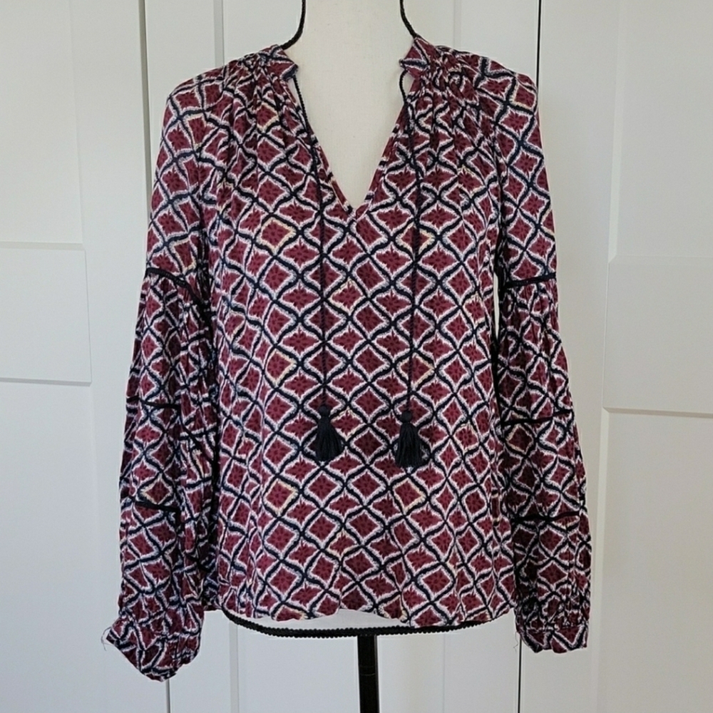 Lucky Brand Puff Sleeve Tassel Popover V Neck Blouse Shirt sz. S